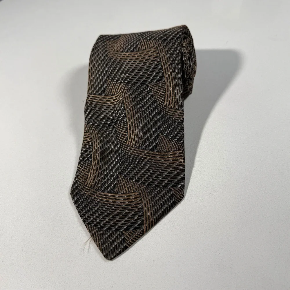 Pavone Mens Silk Tie Brown Bronze Geometric Woven Made in Italy Classic Wide Tie